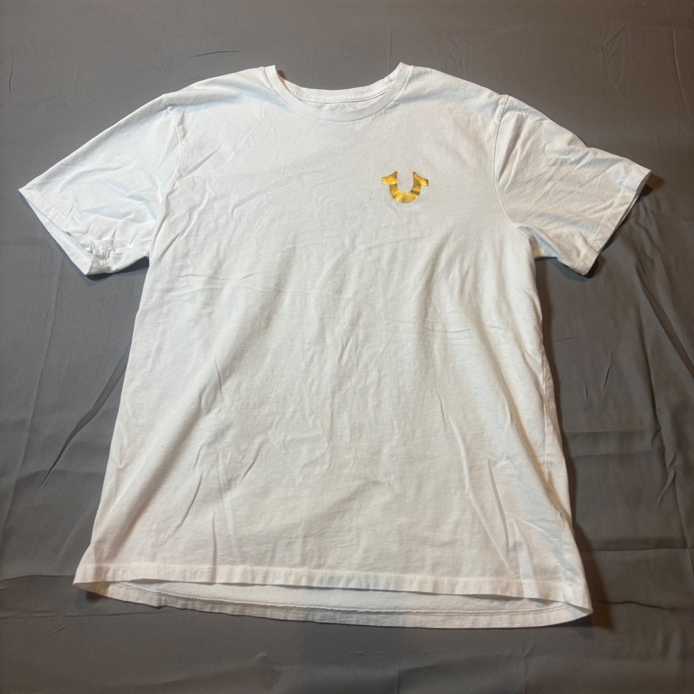 True Religion World Tour White Gold Foil Buddha Logo T-Shirt XL Women